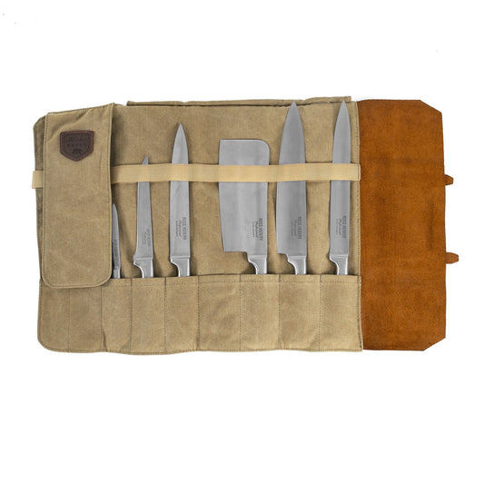 CHEF Messerrolltasche aus gewachstem Canvas – für bis zu 9 Messer, wasserabweisend & stilvoll