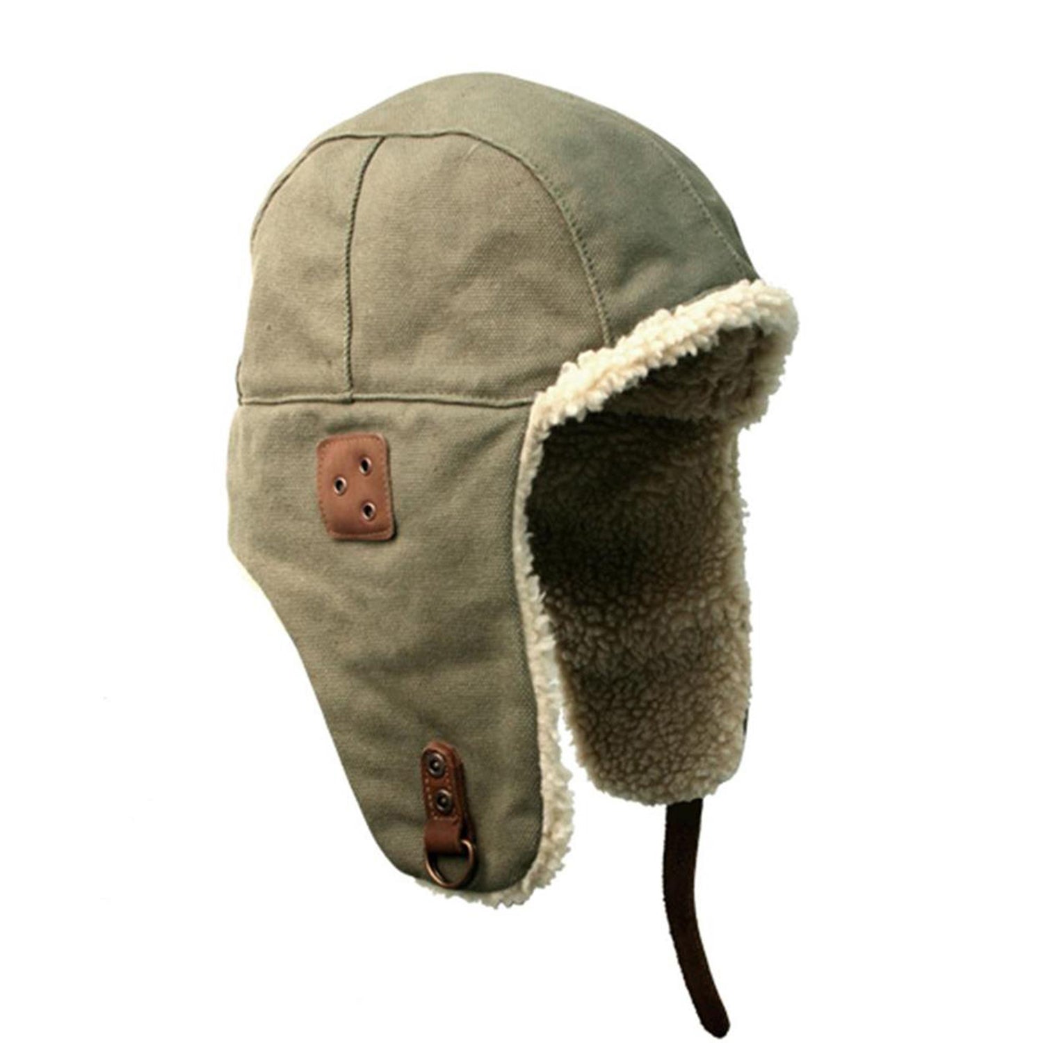 Flieger Winter-Mütze 
Pilotenmütze Warme Pilotenmütze Teddyfellmütze Ohrenschützer  ROBUSTES CANVAS Lederriemenverschluss 