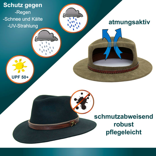 Filz-Hut Wollfilz-Hut Trekking-Hut Wander-Hut Outdoor-Hut Regen-Hut Allwetter-Hut Damen-Hut Herren-Hut Jagd-Hut Leder-Hut Stetson Akubrafilz-hut filz  forst-hut forstmeister-hut tiroler-hut tirolertrachten alm-hut wandern berge loden-hut filz-hut für okto